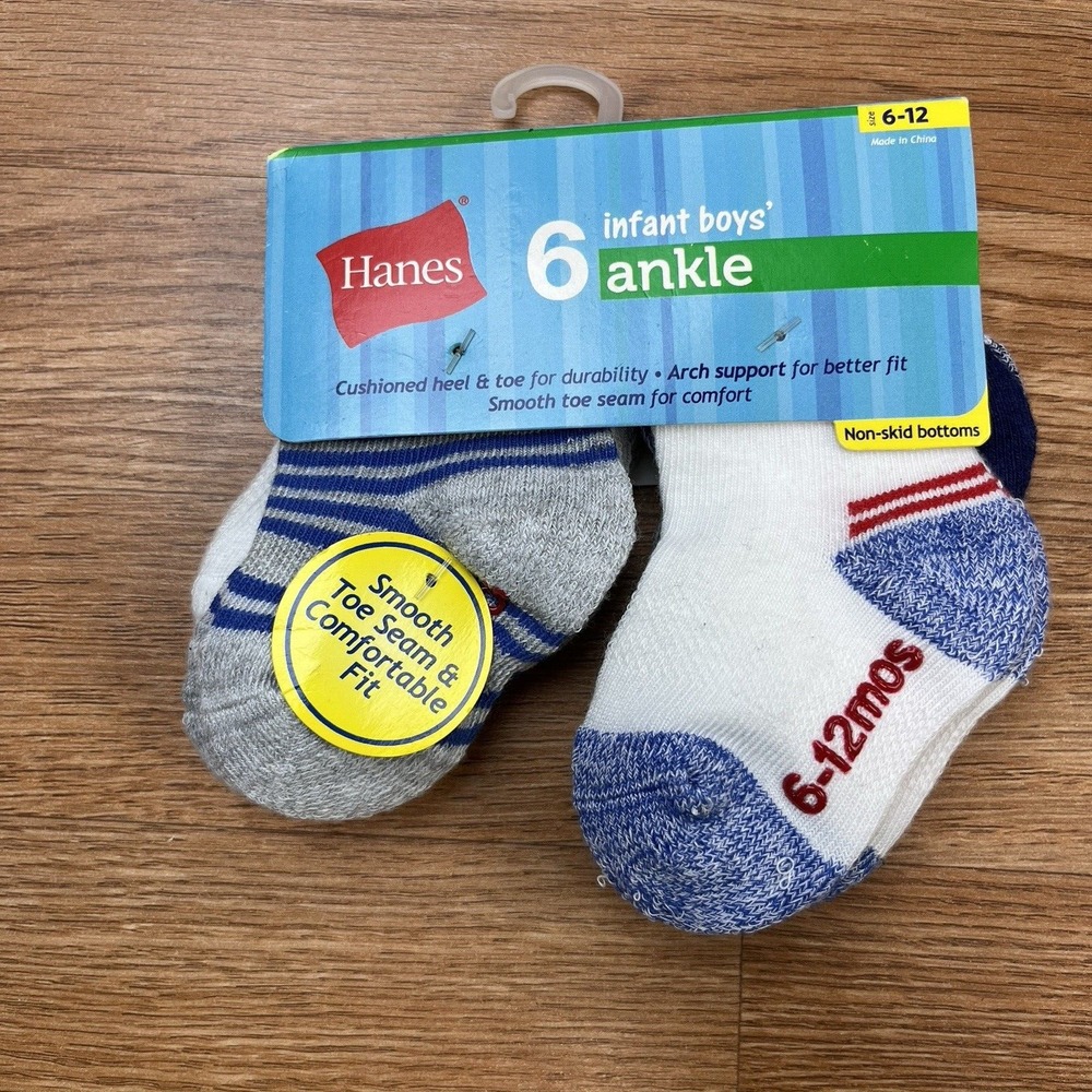 Hanes 6 Pack Infant Boys Ankle Socks Size‎ 6-12 Months Non-Skid NEW
